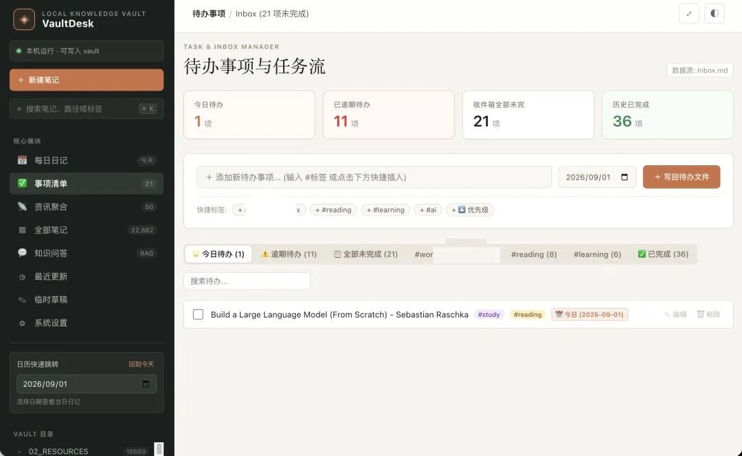 事项清单:今日待办、逾期待办、快捷标签